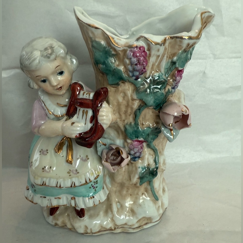 Vintage Ceramic Figurine Vase with Girl and Floral Design